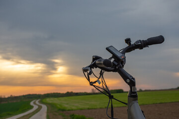 Bike and bicycle path at sunrise
in Flemish Brabant in Belgium 