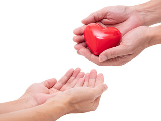 Hands holding a red heart give to hand, CSR or Corporate Social Responsibility, health care, family insurance, heart donation concept, world health day, charity donation, organ donor