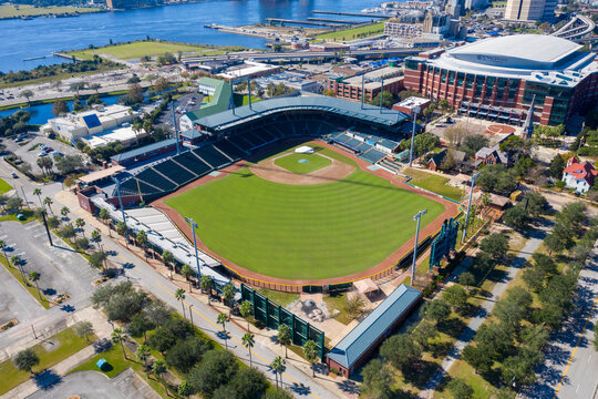 Jacksonville, Florida - December 18, 2020: Aerial view of 121 Financial Ballpark. 