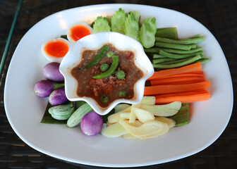 Nam Prik Kapi (Spicy shrimp paste sauce) served with mixed vegetables.