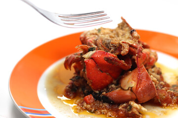 dish with shellfish ragout and lobster pieces