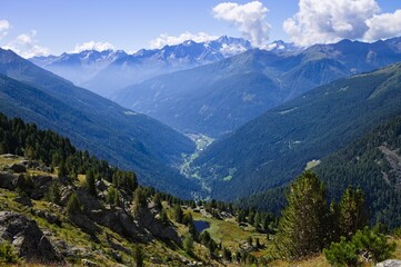 Fototapeta na wymiar View from the peak of the mountains of the Peio valley in Trentino-Alto Adige (Alps, Italy, Europe)