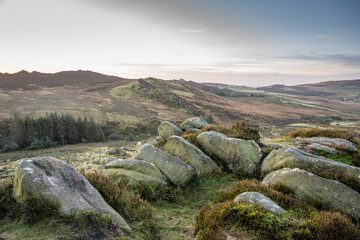 Bleak winter panoramic view of Gib Torr, and The Roaches in the Peak District National Park.