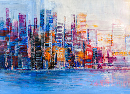 Panorama of night town near the sea. Oil painting cityscape.
