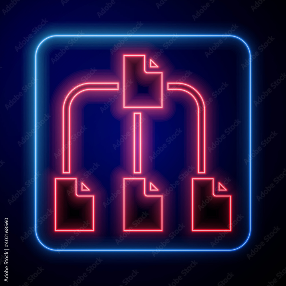 Poster glowing neon folder tree icon isolated on blue background. computer network file folder organization