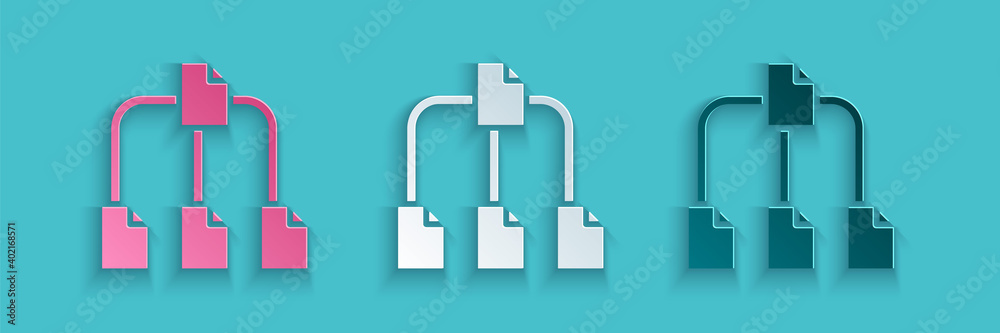 Poster paper cut folder tree icon isolated on blue background. computer network file folder organization st