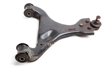 Metal lever undercarriage on a white isolated background in a photo studio of auto parts for...