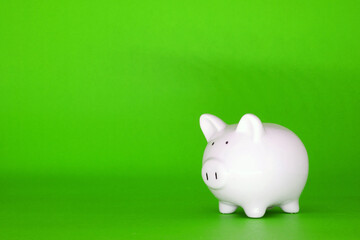 White Piggy bank on green background with copy space for text message - Fund , Investment , Saving money - green concept of Banking and Stable financial