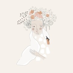 Cute girl hugging swan. Cartoon romantic illustration