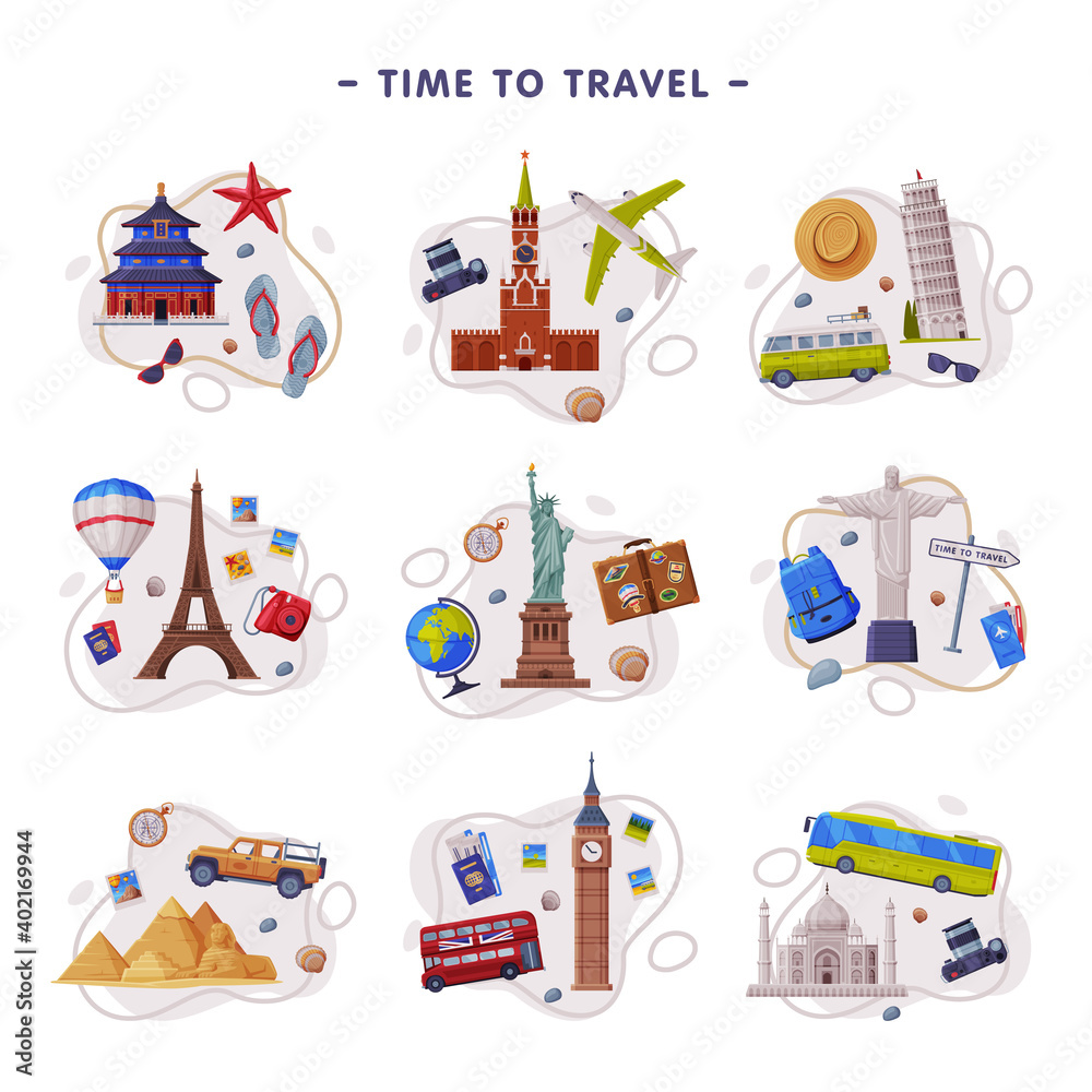 Canvas Prints Travel and Tourism Attribute with City Landmark and Scattered Journey Symbols Vector Composition Set