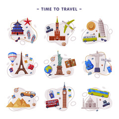 Travel and Tourism Attribute with City Landmark and Scattered Journey Symbols Vector Composition Set