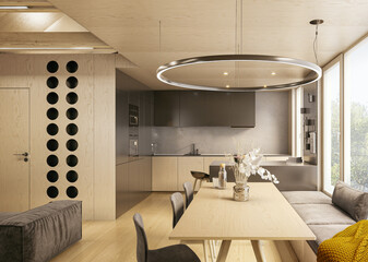 Interior of luxury wooden apartment in Okal. Comfortable living room with open space, 3D rendering