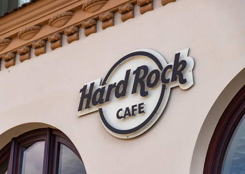 Krakow, Poland - November 5, 2020: A picture of the Hard Rock Cafe logo on display outside one of the establishments.