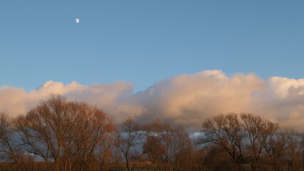 beautiful sunny winter landscape with moon, blue sky, big clouds and trees