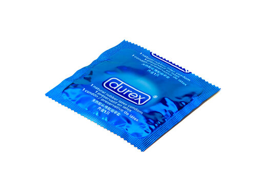 Krakow, Poland - November 21, 2020: A picture of a blue condom package of the brand Durex.