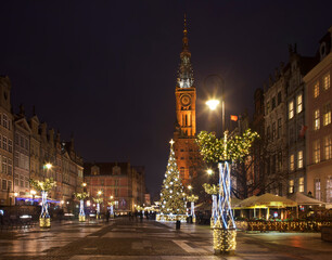 Holiday decorations of Long Market (Dlugi Targ) square in Gdansk. Poland
