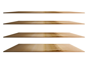 collection of brown wooden shelves on a white background that separates the objects. There are Clipping Paths for the designs and decoration