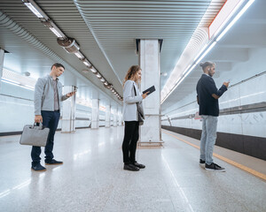 various subway passengers waiting for the train on the platform.