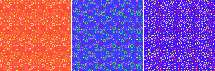 
Abstract, colored seamless patterns collection. Multi-colored rings and balls. Modern pattern-bubbles.