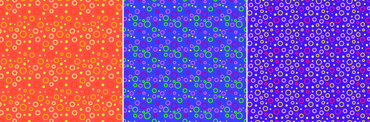 
Abstract, colored seamless patterns collection. Multi-colored rings and balls. Modern pattern-bubbles.