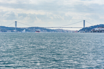 The Bosphorus Bridge, or 15 July Martyrs Bridge,  one of the three suspension bridges spanning the Bosphorus strait ,  in Istanbul, Turkey
