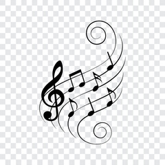 Music notes on wavy lines with swirls, vector illustration. © Vectorry