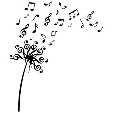 Music notes flower, dandelion made from treble clef, vector illustration.