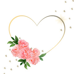 Valentine's day background,  golden heart frame with pink roses bouquet for Valentine's day or mother's day, golden heart floral frame design
