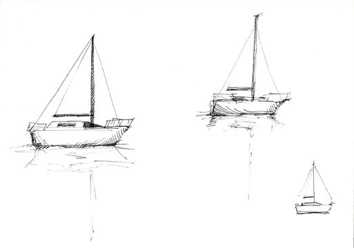 A sketchbook page of yacht drawings.  Three different pen and ink sketches of a single yacht.
