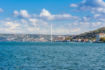 Fototapeta na wymiar The Bosphorus Bridge, or 15 July Martyrs Bridge, one of the three suspension bridges spanning the Bosphorus strait , in Istanbul, Turkey