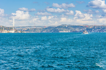 The Bosphorus Bridge, or 15 July Martyrs Bridge,  one of the three suspension bridges spanning the Bosphorus strait ,  in Istanbul, Turkey