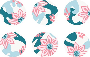 Abstract patterns with beautiful flower for highlighting social media covers. Stories. Vector illustration in pastel colors for printing and decoration. Suitable for creating stickers.