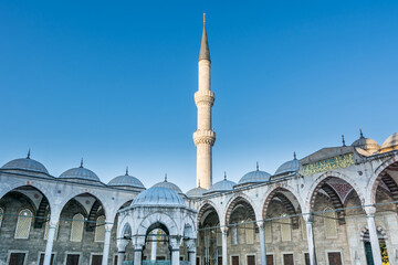Single minaret against blue sky at the corner of  blue Mosque also called the Sultan Ahmed Mosque...