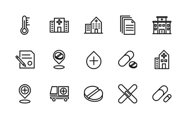 A simple set of vector line icons related to medicine. Contains icons such as: hospital, syringe, bed, thermometer, X-ray, pills and much more. Editable Stroke. 48x48 pixels is perfect.