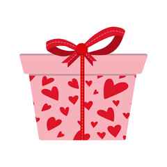 Vector gift box decorated with hearts paper and cute red ribbon bow. Cartoon flat style. Clip art for Valentines day, birthday, wedding, anniversary, romantic concept isolated on white
