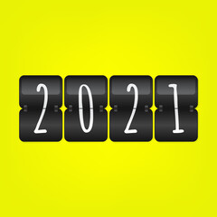 2021 Happy New Year scoreboard vector illustration. Decorative black and white flip symbol on yellow background. Infographic sign for web design, celebration, decoration