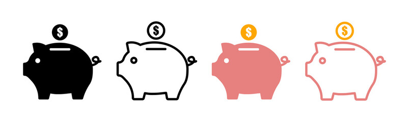Piggy bank icon vector set . Piggy bank with coin in flat style. Pig, dollar. Vector illustration.