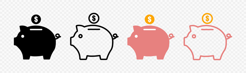 Piggy bank icon vector set . Piggy bank with coin in flat style. Pig, dollar. Vector illustration.
