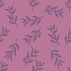 Random foliage doodle silhouettes seamless hand drawn pattern, Pink and purple tones artwork.