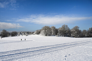 Fototapeta na wymiar Empty cross country ski tracks on a snow covered field in the German countryside. Forest is in the background. Two skier are on another ski track in the background.