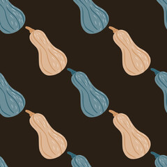 Minimalistic seamless pattern with blue and orange pastel pumpkin ornament. Black background.