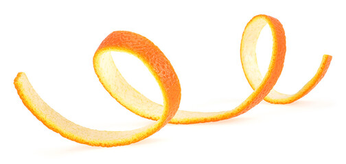 Isolated image of fresh zest orange on a white background. Swirly orange peel. Twist of citrus peel.