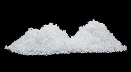 Fluffy white snow hills isolated on black background. Snowhills at night.