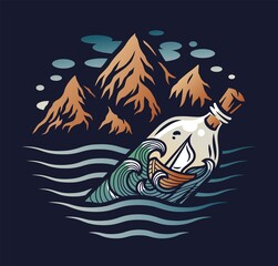 Marine boat on the waves inside the bottle and mountain. Nautical wanderlust and adventure illustration