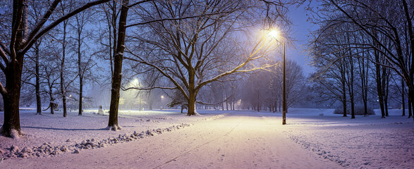 Panoramic view of evening winter landscape. View of covered in snow trees in park and street lights.