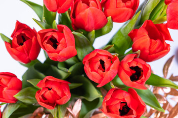 St Valentines day composition with bouquet of yellow tullips top view