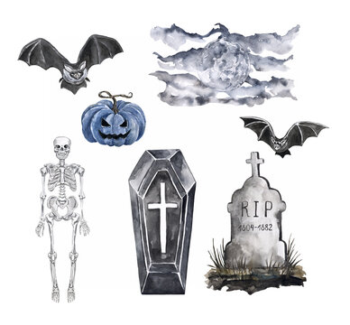 Dark scary Halloween element set. Dead men skeleton, black coffin, flying bats, creepy jack o Lantern pumpkin, tombstone on the graveyard. Watercolor illustration, isolated on white background.