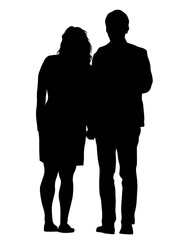 Young man and woman are standing next to each other. Isolated silhouette on a white background