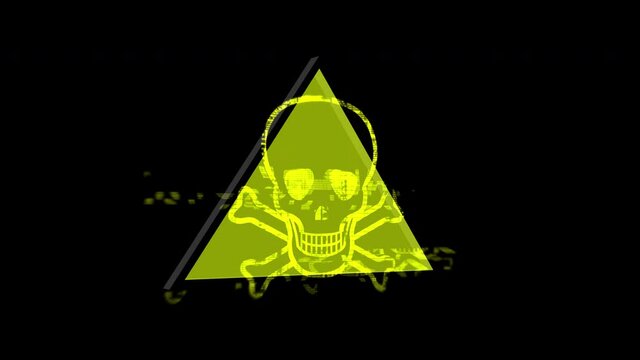 Glitch yellow warning skull symbol sign on black background. Seamless loop.