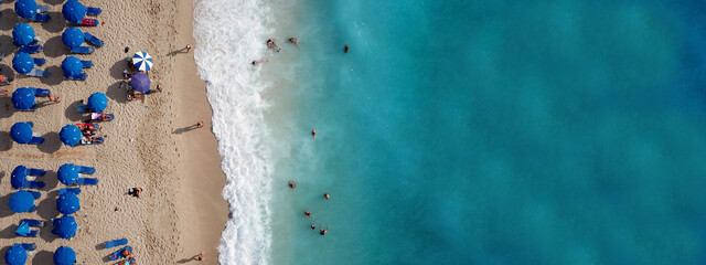 Aerial drone ultra wide photo of famous paradise beach of Kathisma with crystal clear turquoise sea, Lefkada island, Ionian, Greece